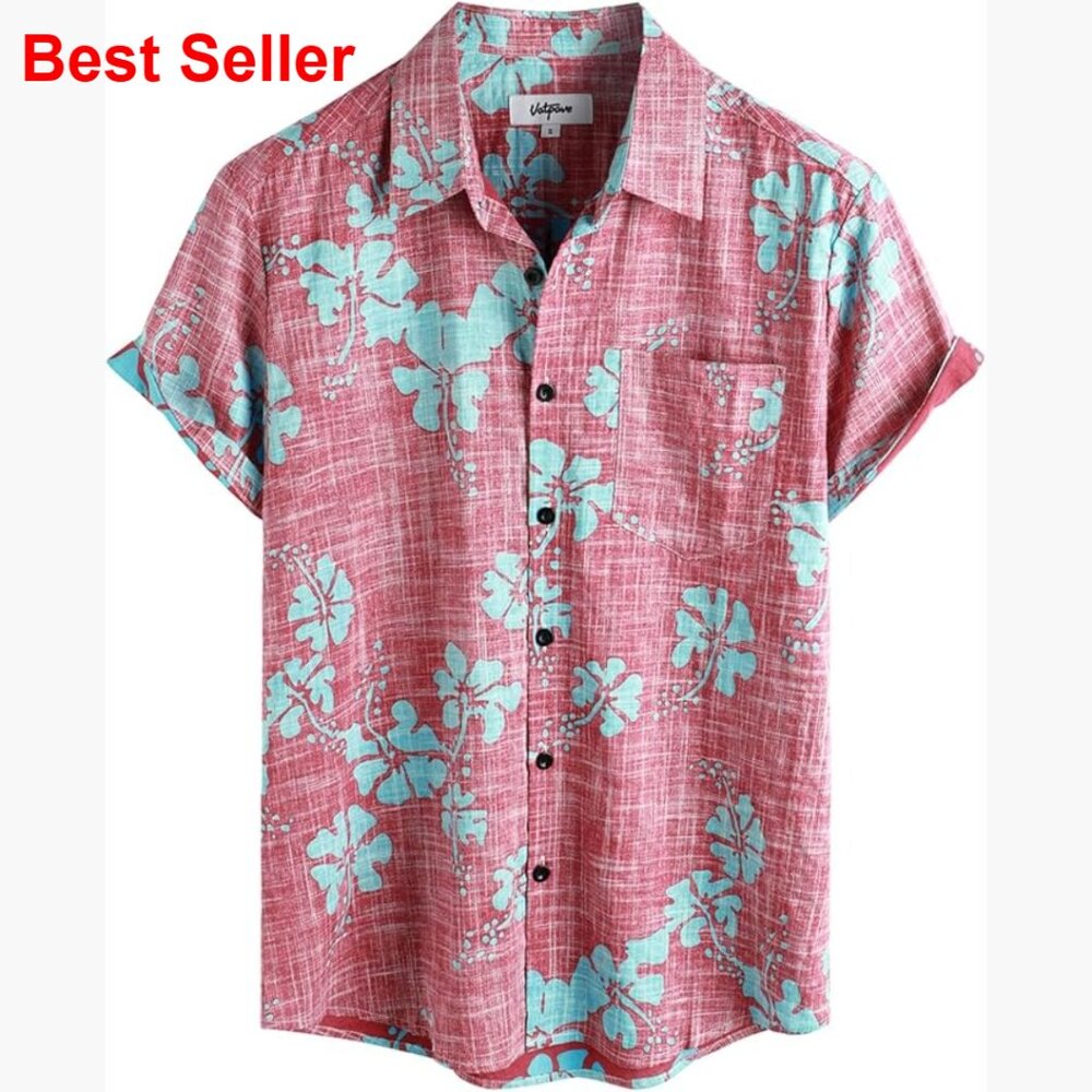 Men's Cotton Viscose Hawaiian Shirt Short Sleeve Button Down Front Pocket